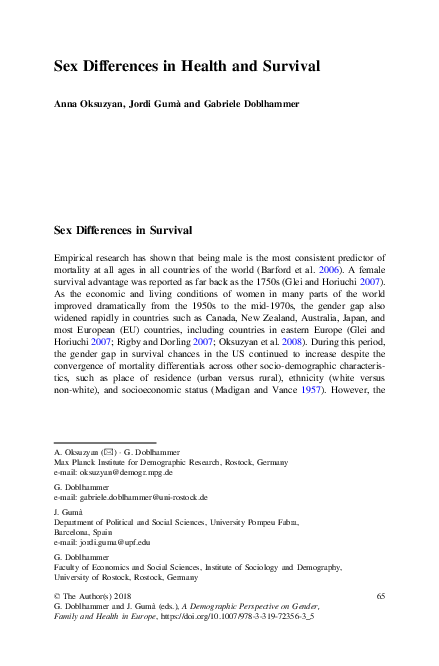 (PDF) Sex Differences in Health and Survival
