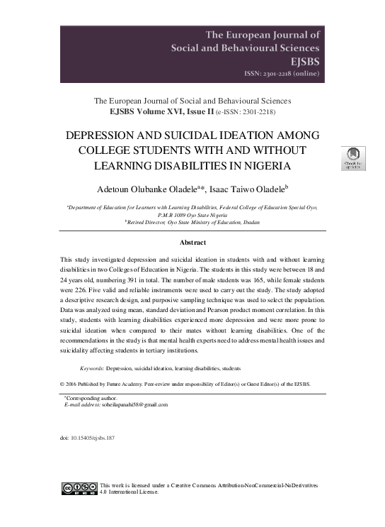 (PDF) Depression and Suicidal Ideation among College Students with and ...