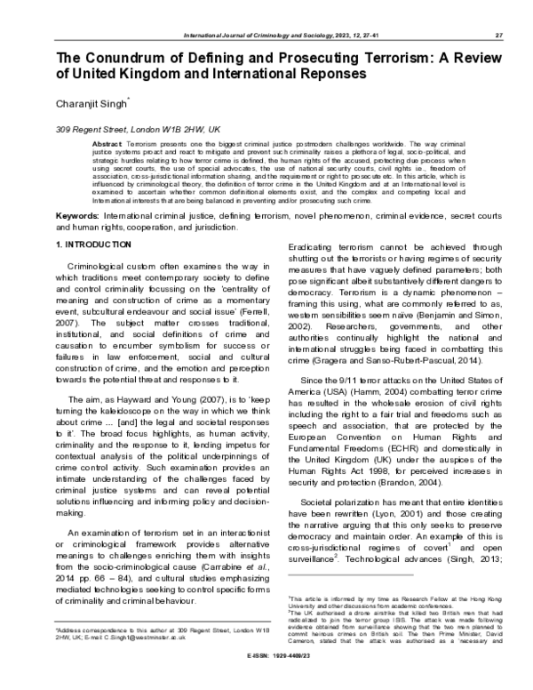 (PDF) The Conundrum of Defining and Prosecuting Terrorism: A Review of ...