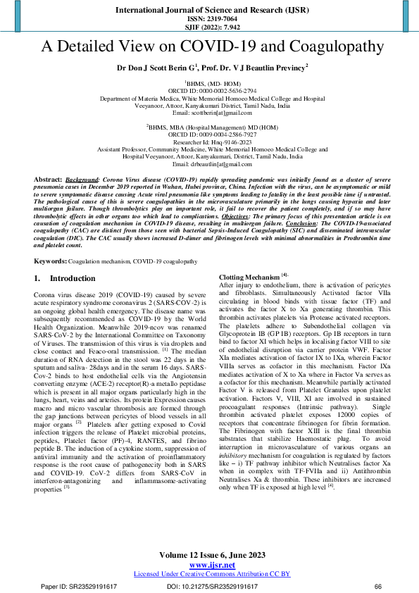 (PDF) A Detailed View on COVID-19 and Coagulopathy