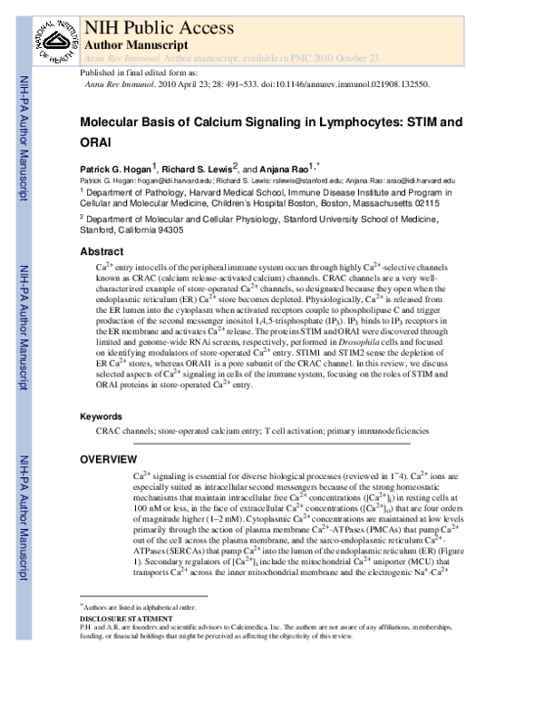 (PDF) Molecular Basis of Calcium Signaling in Lymphocytes: STIM and ORAI