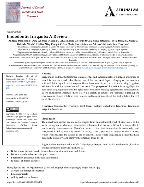 (PDF) Endodontic Irrigants A Review Athenaeum Scientific Publishers Open Access Journals