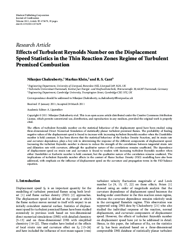 (PDF) Effects of Turbulent Reynolds Number on the Displacement Speed ...