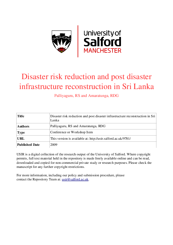 (PDF) Disaster risk reduction and post disaster infrastructure ...