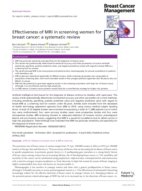 (PDF) Effectiveness of MRI in screening women for breast cancer: a ...