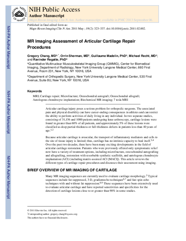 (PDF) MR imaging assessment of articular cartilage repair procedures