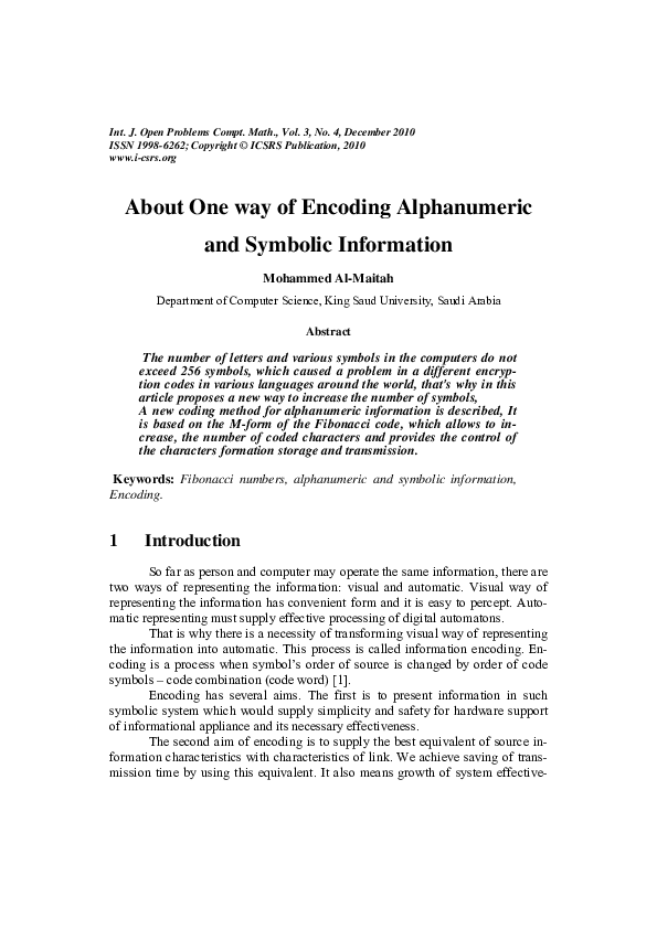 (PDF) About One way of Encoding Alphanumeric and Symbolic Information