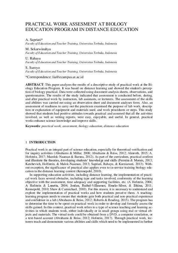 (PDF) Assessment of Practical Work Assesment at Biology Education ...