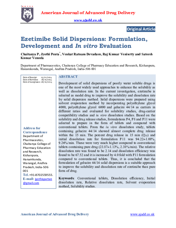 (PDF) Ezetimibe Solid Dispersions: Formulation, Development and In ...