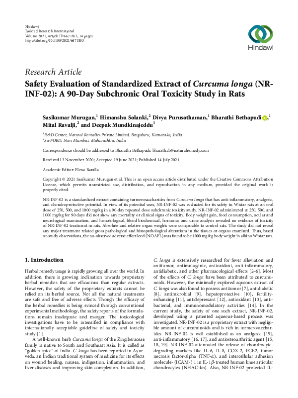 (PDF) Safety Evaluation of Standardized Extract of Curcuma longa (NR ...