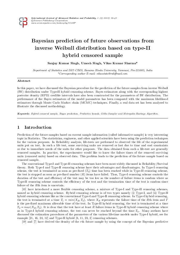 (PDF) Bayesian Prediction of Future Observations from Inverse Weibull ...