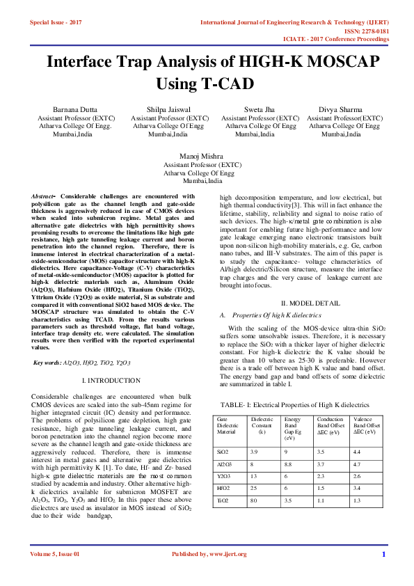 (PDF) Interface Trap Analysis of HIGH-K MOSCAP Using T-CAD