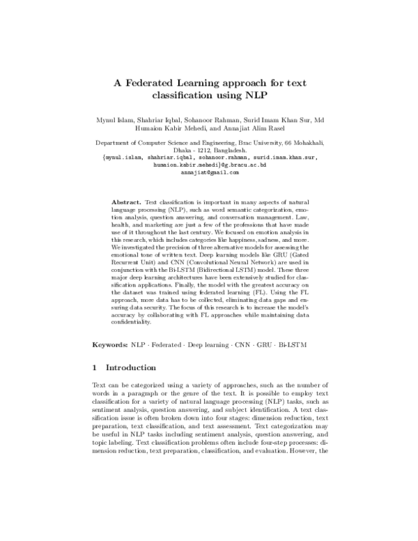 (PDF) A Federated Learning approach for text classification using NLP