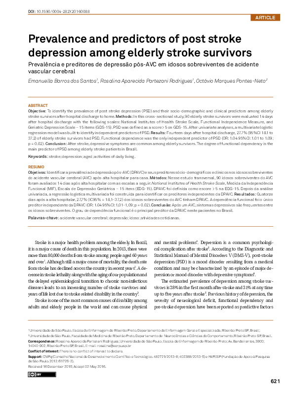 (PDF) Prevalence and predictors of post stroke depression among elderly ...