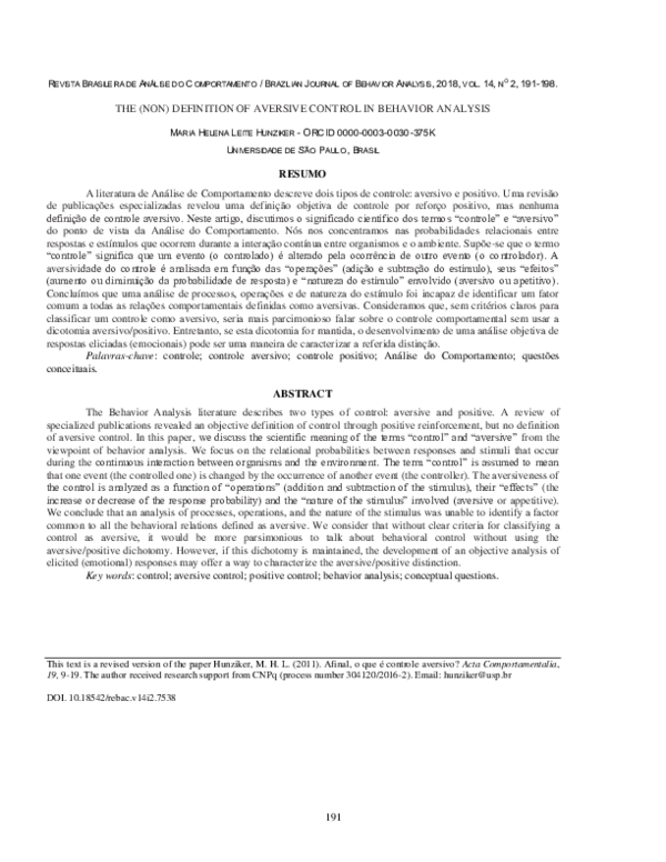 (PDF) The (Non) Definition of Aversive Control in Behavior Analysis