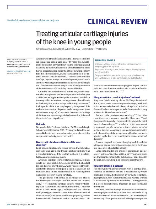 (PDF) Treating articular cartilage injuries of the knee in young people
