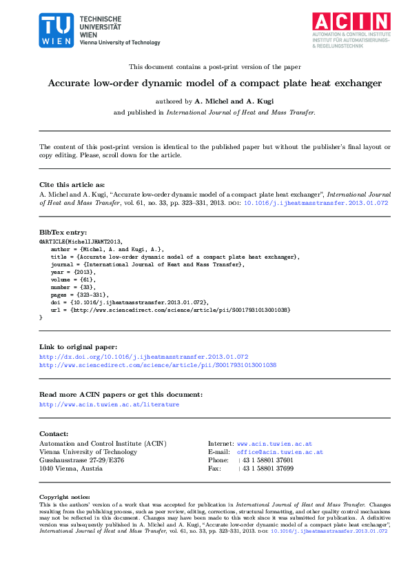 (PDF) Accurate low-order dynamic model of a compact plate heat exchanger