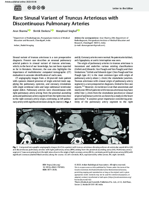 (PDF) Rare Sinusal Variant of Truncus Arteriosus with Discontinuous ...