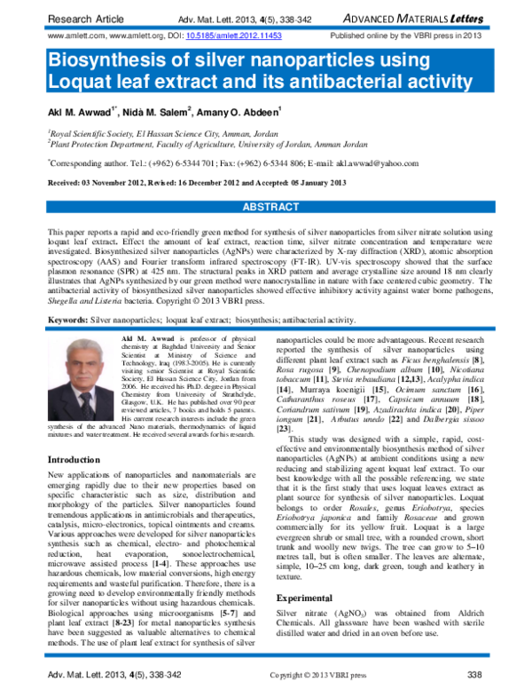 (PDF) Biosynthesis Of Silver Nanoparticles Using Loquat Leaf Extract ...