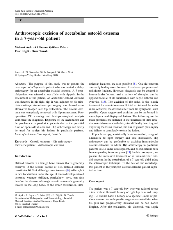 (PDF) Arthroscopic excision of acetabular osteoid osteoma in a 7-year ...