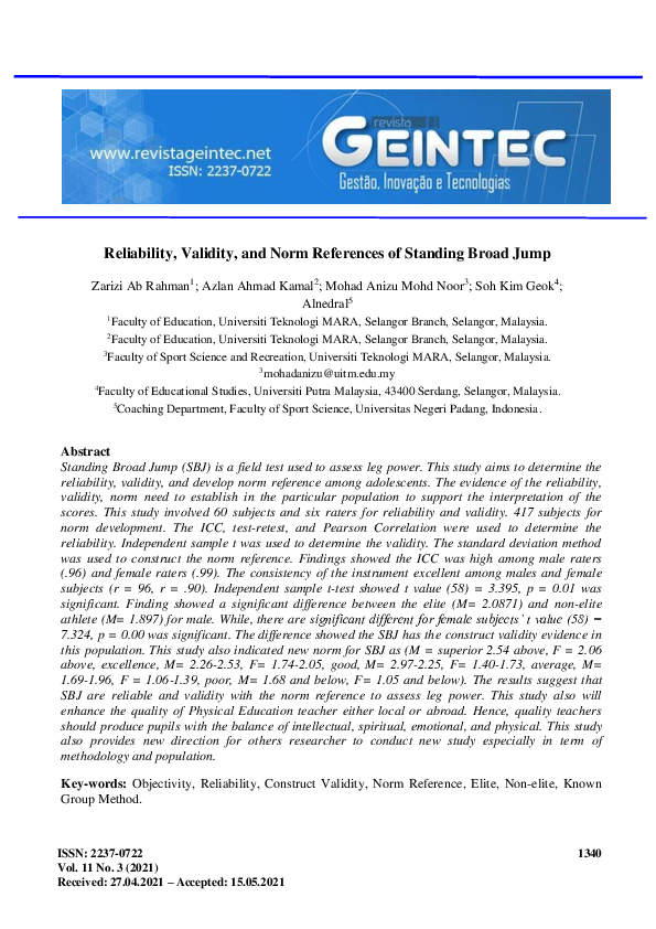 (PDF) Reliability, Validity, and Norm References of Standing Broad Jump