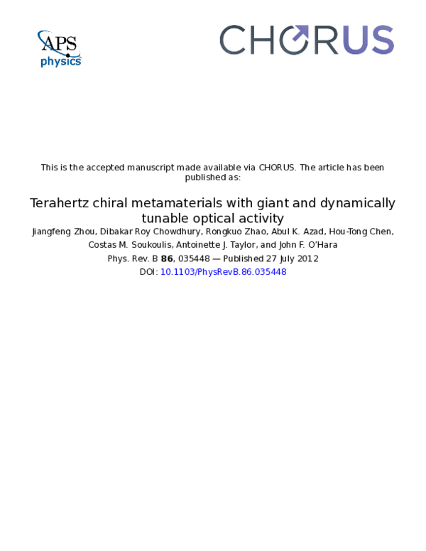 (PDF) Terahertz chiral metamaterials with giant and dynamically tunable ...