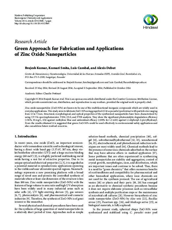 (PDF) Green Approach for Fabrication and Applications of Zinc Oxide ...