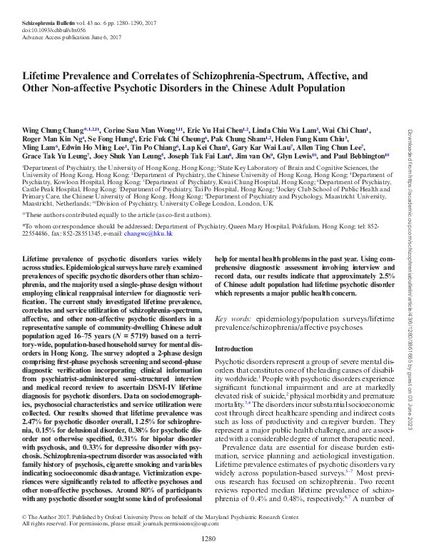 (PDF) Lifetime Prevalence and Correlates of Schizophrenia-Spectrum ...