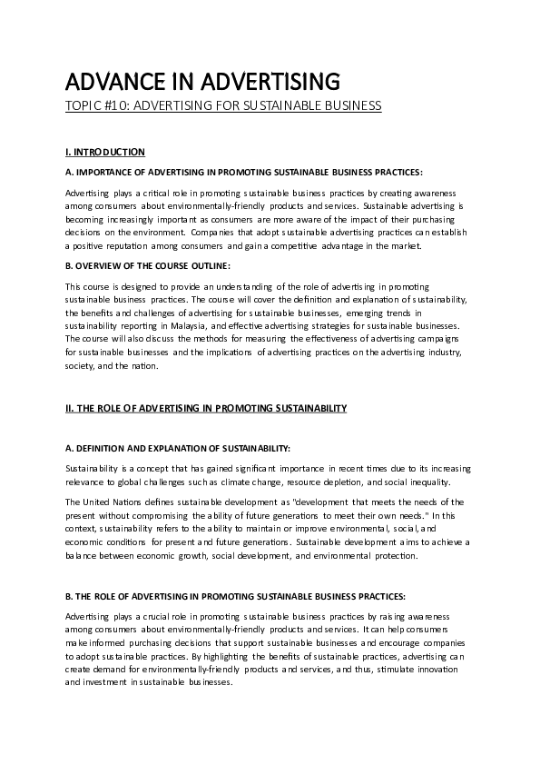 (PDF) ADVANCE ADVERTISING - Topic 10 Advertising for Sustainable Business
