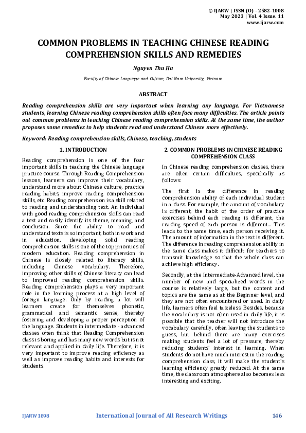 (PDF) COMMON PROBLEMS IN TEACHING CHINESE READING COMPREHENSION SKILLS ...