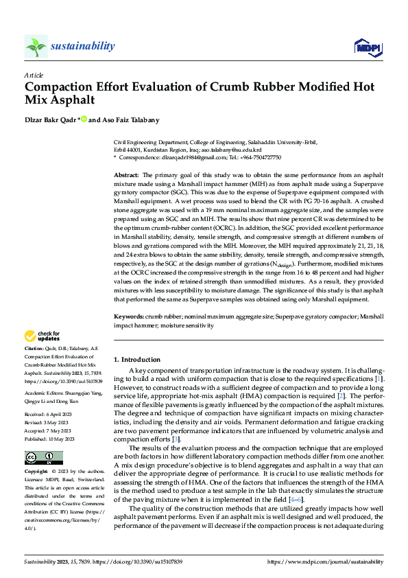 (PDF) Compaction Effort Evaluation of Crumb Rubber Modified Hot Mix Asphalt