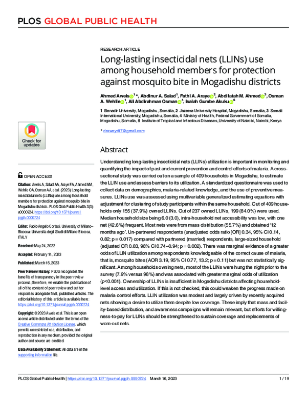 (PDF) Long-lasting insecticidal nets (LLINs) use among household ...