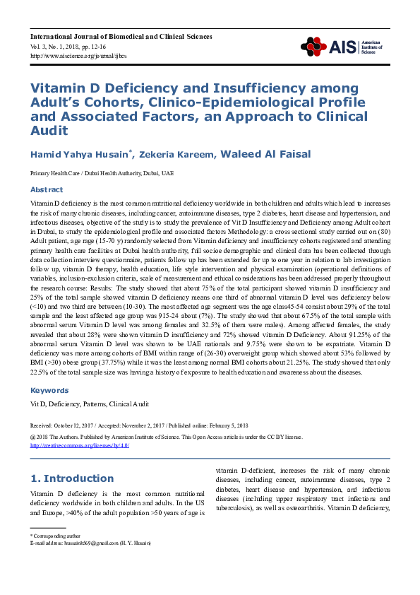(PDF) Vitamin D Deficiency and Insufficiency among Adult ’ s Cohorts ...