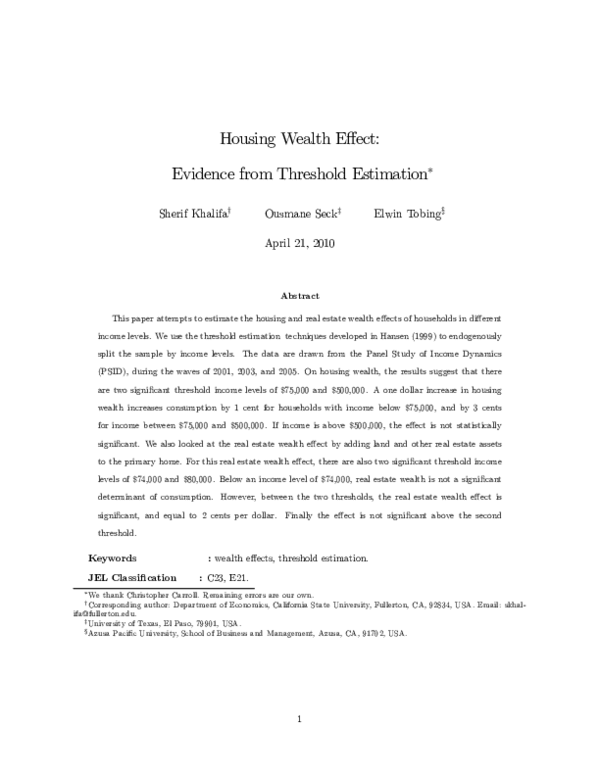 (PDF) Housing wealth effect: Evidence from threshold estimation