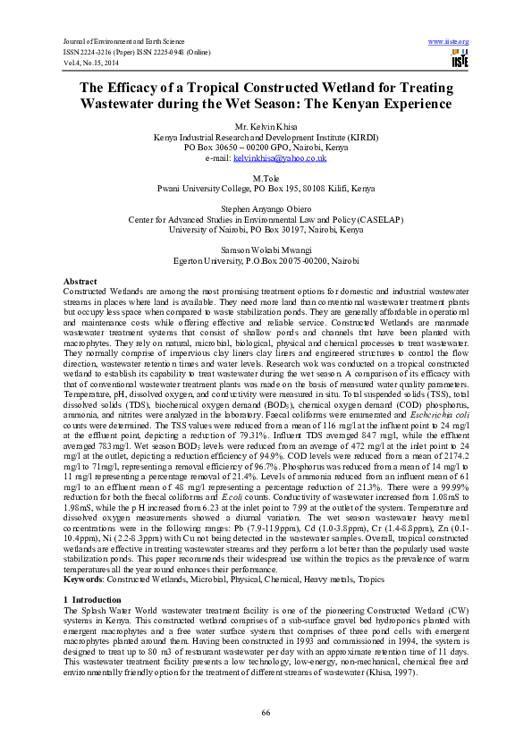 (PDF) The Efficacy of a Tropical Constructed Wetland for Treating ...