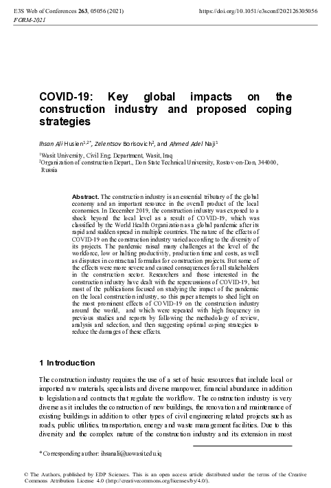 (PDF) COVID-19: Key global impacts on the construction industry and ...