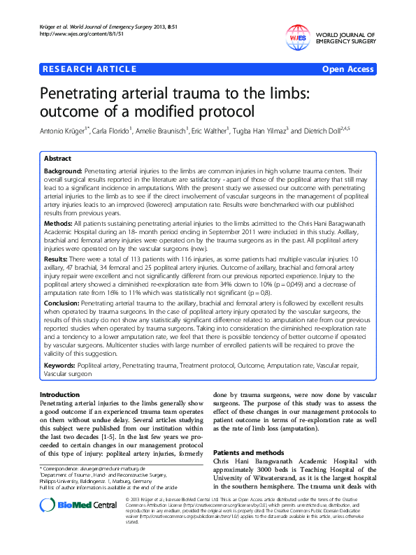 (PDF) Penetrating arterial trauma to the limbs: outcome of a modified ...