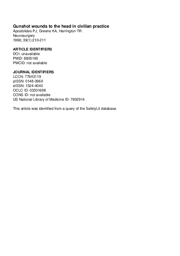 (PDF) Gunshot Wounds to the Head in Civilian Practice