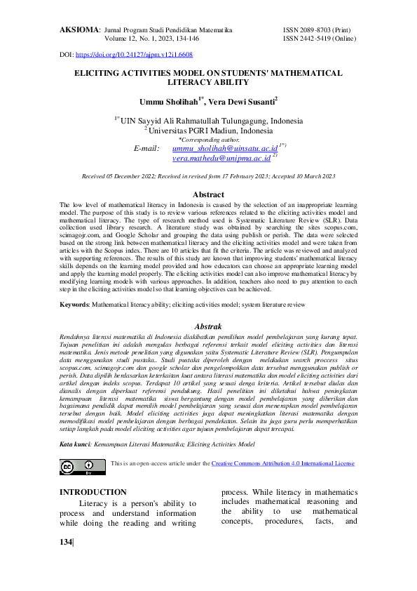 (PDF) Eliciting Activities Model on Students' Mathematical Literacy Ability