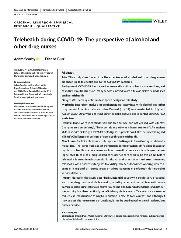 (PDF) Telehealth during COVID‐19: The perspective of alcohol and other ...