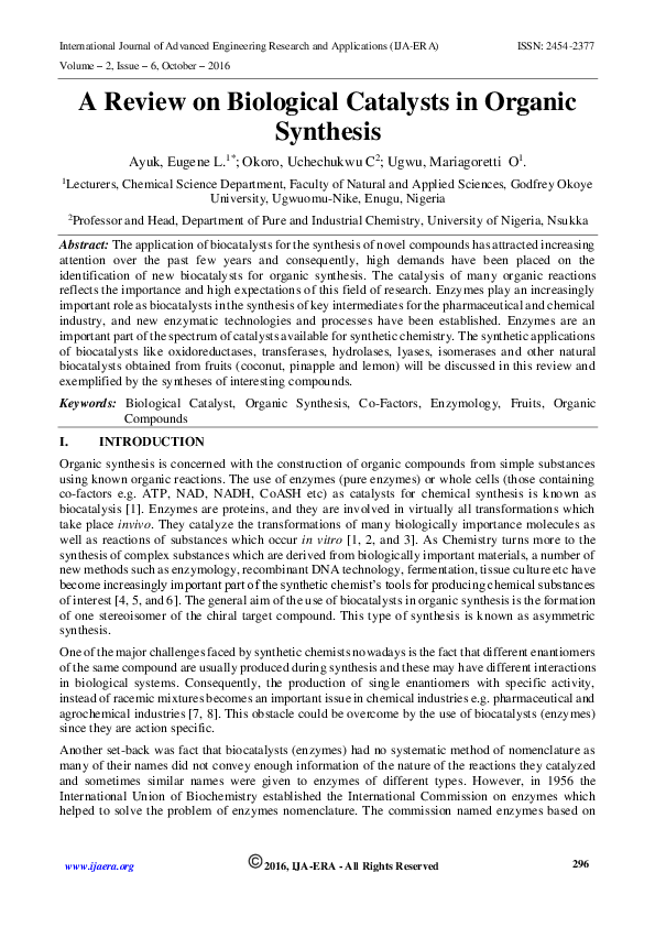 (PDF) A Review on Biological Catalysts in Organic Synthesis Eugene