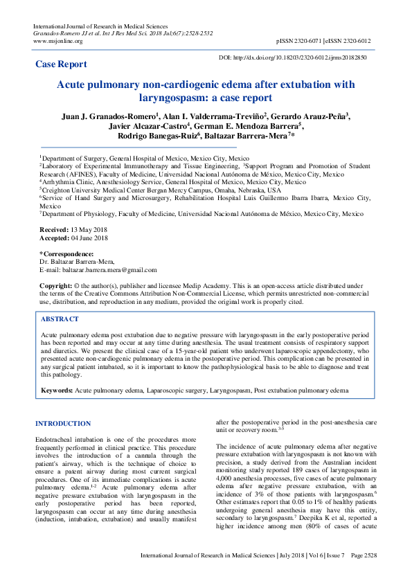 (PDF) Acute pulmonary noncardiogenic edema after extubation with