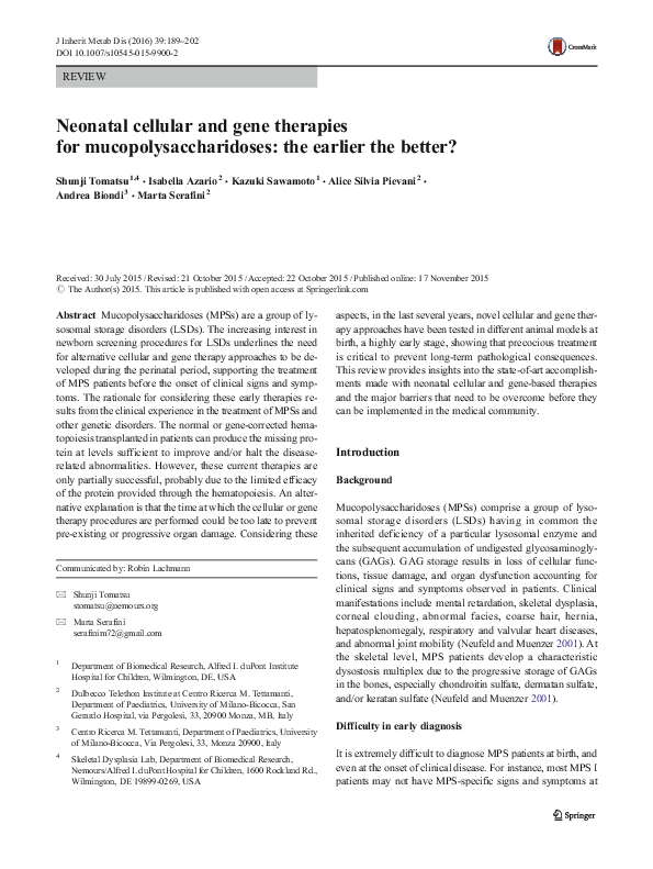 (PDF) Neonatal cellular and gene therapies for mucopolysaccharidoses ...