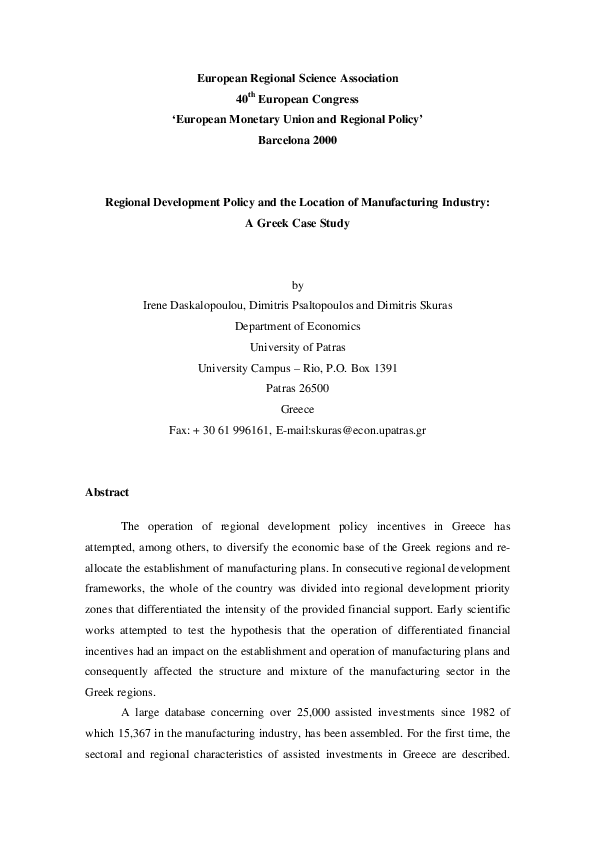 (PDF) Regional Development Policy and the Location of Manufacturing ...