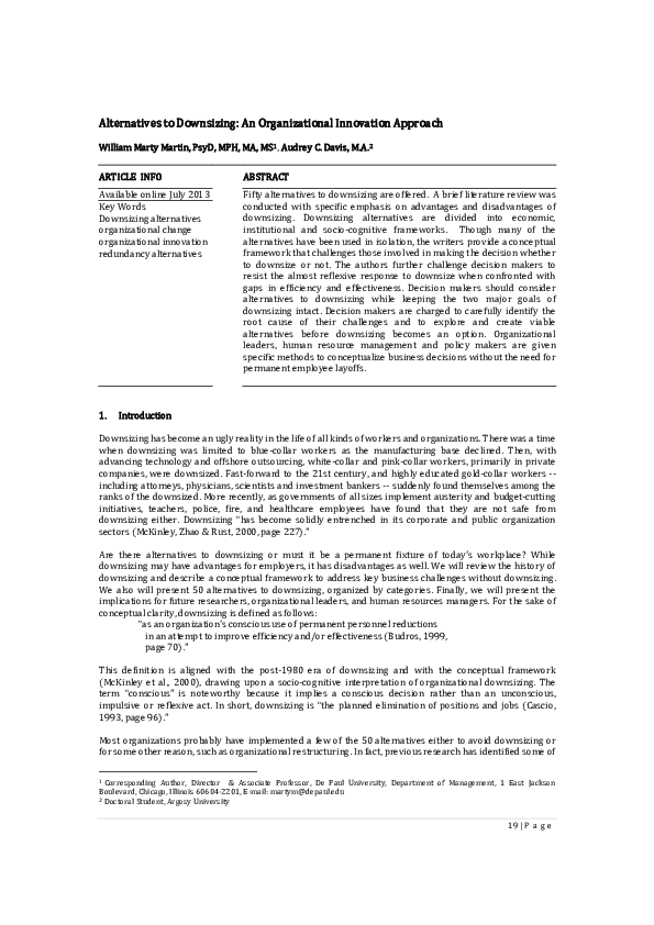 (PDF) Alternatives to Downsizing An Organizational Innovation Approach