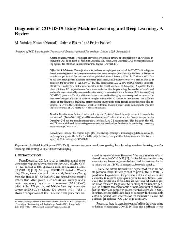 (PDF) Diagnosis of COVID-19 Using Machine Learning and Deep Learning: A ...