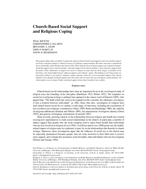 (PDF) Church‐Based Social Support and Religious Coping