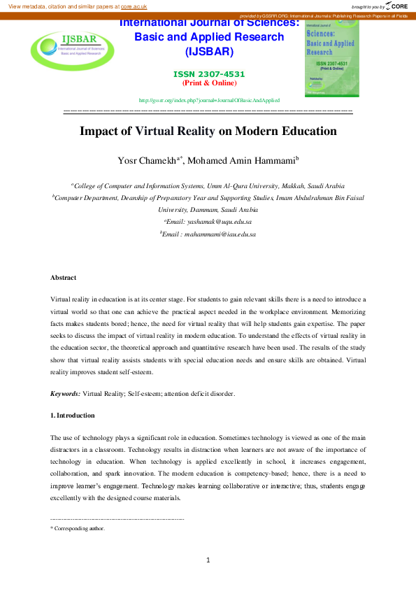 (PDF) Impact of Virtual Reality on Modern Education