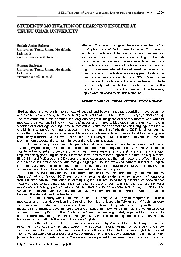 (PDF) Students’ Motivation of Learning English at Teuku Umar University