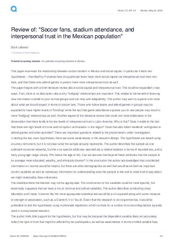 (PDF) Review of "Soccer fans, stadium attendance, and interpersonal